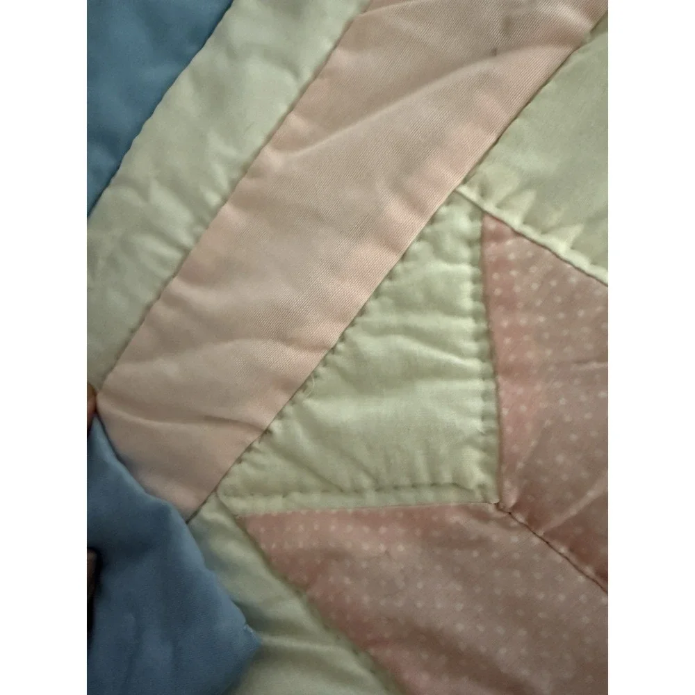 Vintage Eight Point Star Handmaid Pieced Hand Quilted Blue & Pink Patchwork